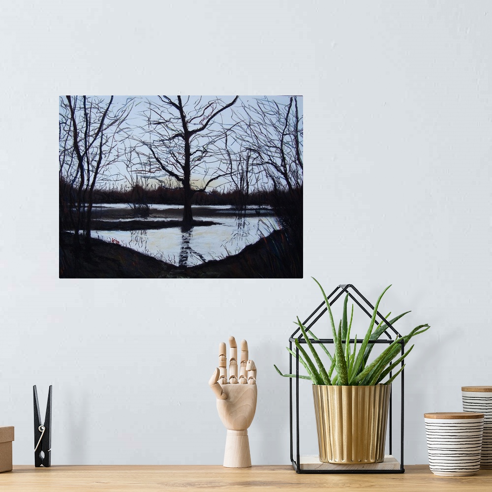 A bohemian room featuring Horizontal painting of silhouetted trees reflecting on a calm river at night fall.