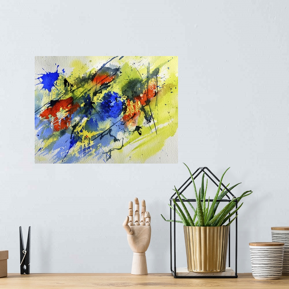 A bohemian room featuring Abstract painting in shades of black, blue, red and yellow with splatters of paint overlapping.