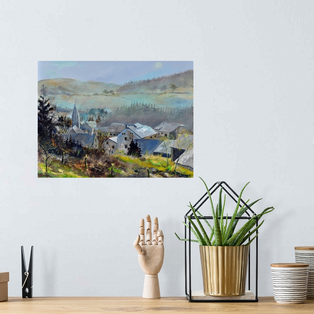 A bohemian room featuring Horizontal painting of an overcast day with a village surrounded by fog and mountains in the dist...