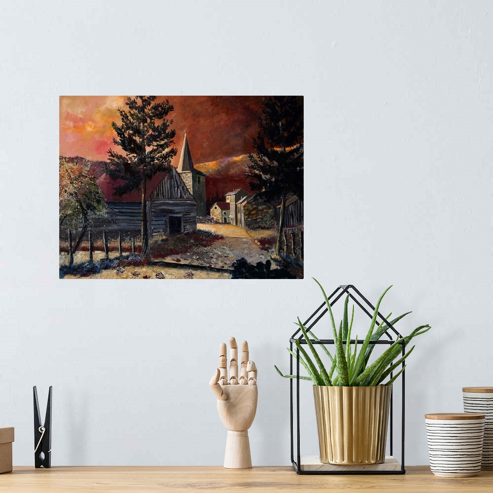 A bohemian room featuring Painting of a subtle sunset in the village of Vresse Ardennes, Belgium.