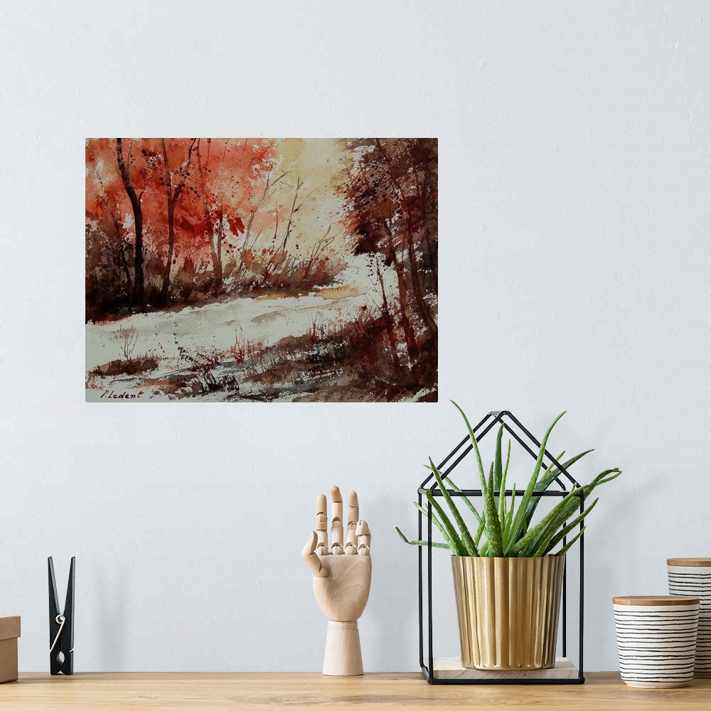 A bohemian room featuring A horizontal watercolor landscape of a road through the forest with muted speckled colors of brow...