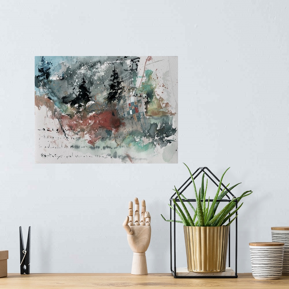 A bohemian room featuring A watercolor abstract painting in dark shades of black, green, red and yellow with splatters of p...