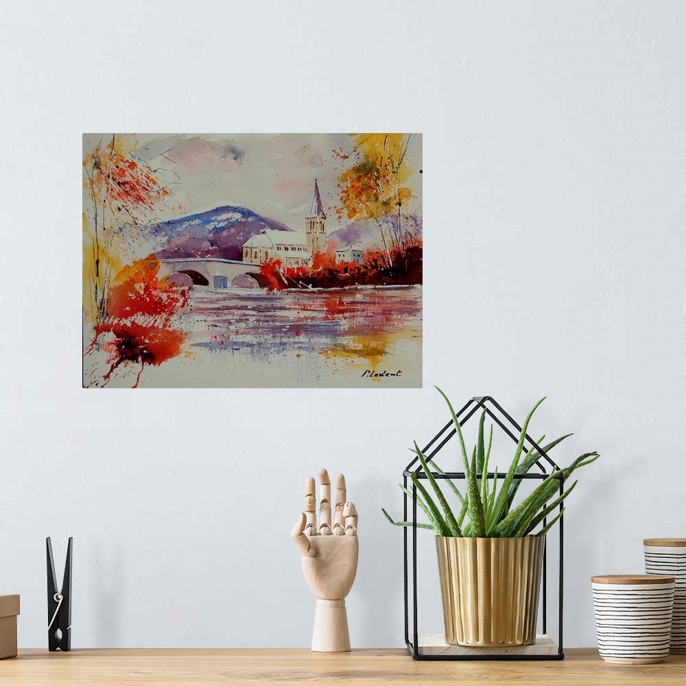 A bohemian room featuring Delicate watercolor landscape of a small village in Belgium.