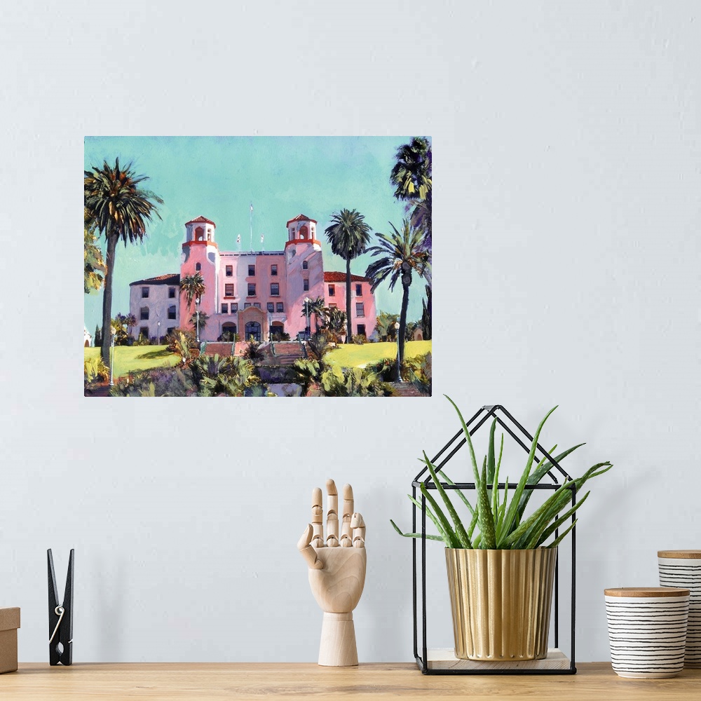 A bohemian room featuring Painting of the Administration Building in Balboa Park, San Diego. Originally part of The Naval H...