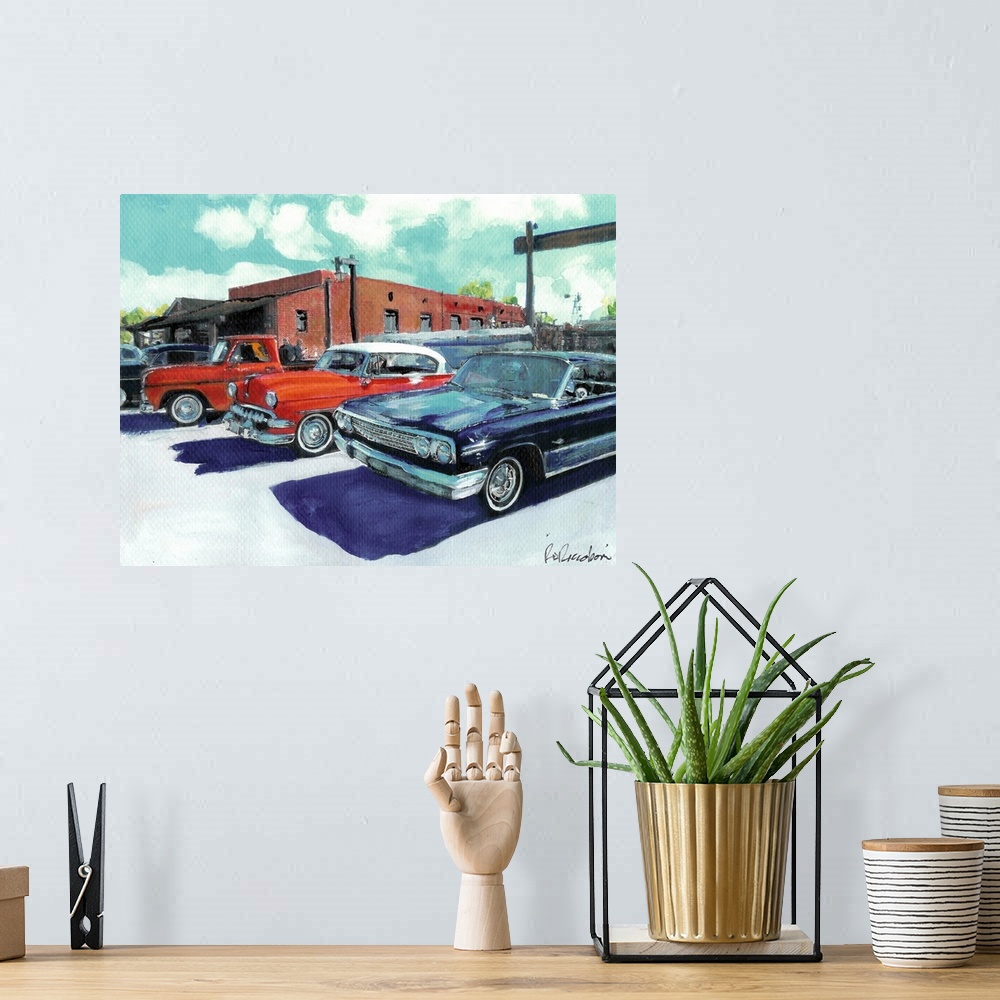 A bohemian room featuring Classic Cars on San Diego Avenue, painting by RD Riccoboni.
