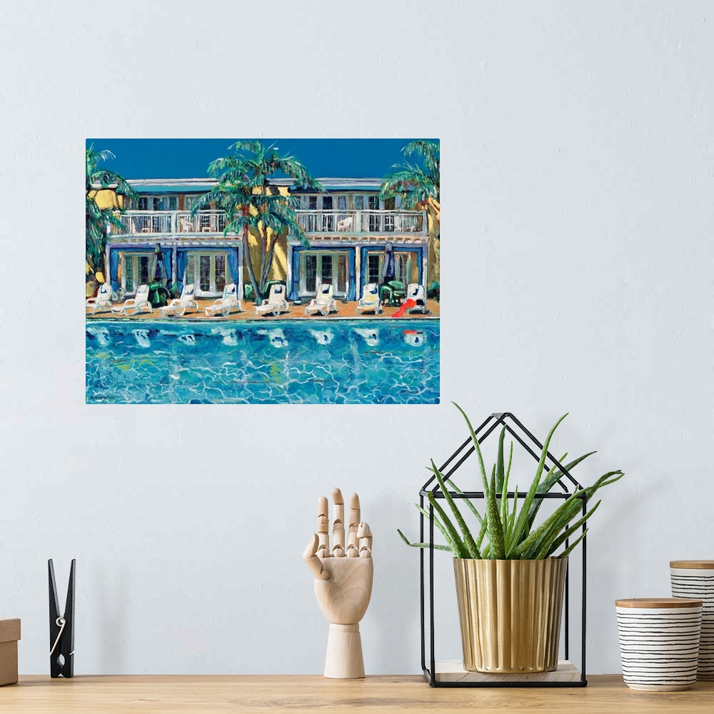 A bohemian room featuring Shimmering Poolside in courtyard at the historic Lafayette Hotel swimming pool in San Diego Calif...