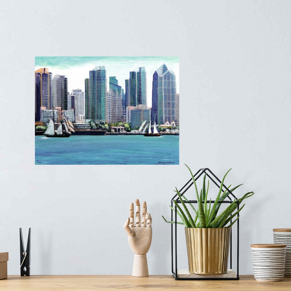A bohemian room featuring Contemporary painting of boats sailing in the San Diego Bay with the new skyline contrasting the ...