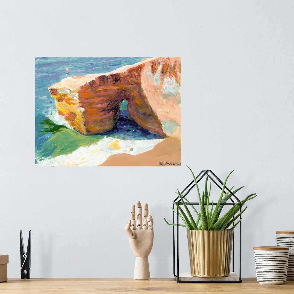 A bohemian room featuring Landscape painting of a man standing at the edge of a cliff at Sunset Cliffs Point in Loma, San D...