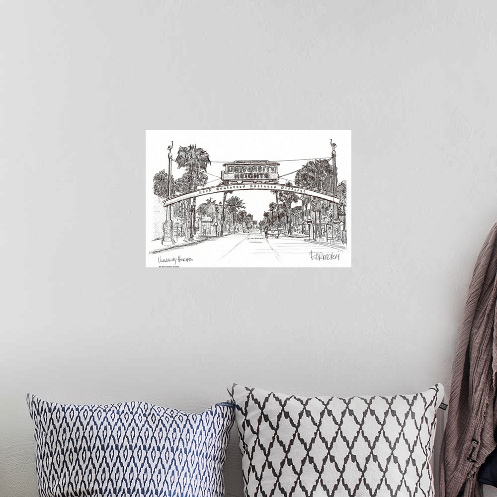 A bohemian room featuring University Heights sign - San Diego by RD Riccoboni. A pen and ink drawing of the famous neighbor...