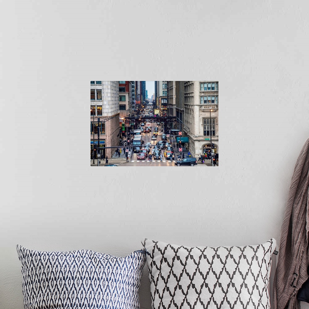 A bohemian room featuring Photo of one of Chicago's bustling streets, Monroe Street.