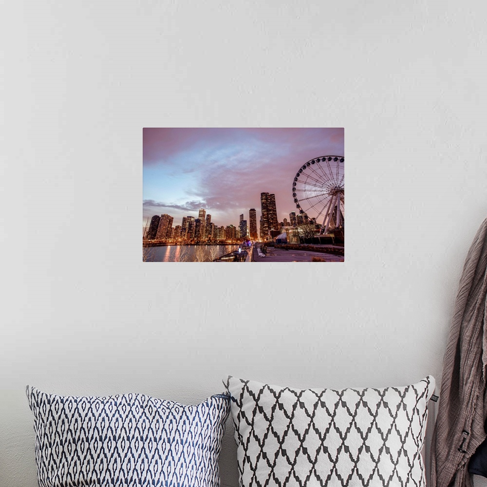 A bohemian room featuring Photo of Chicago skyline with Centennial Wheel from Navy Pier.