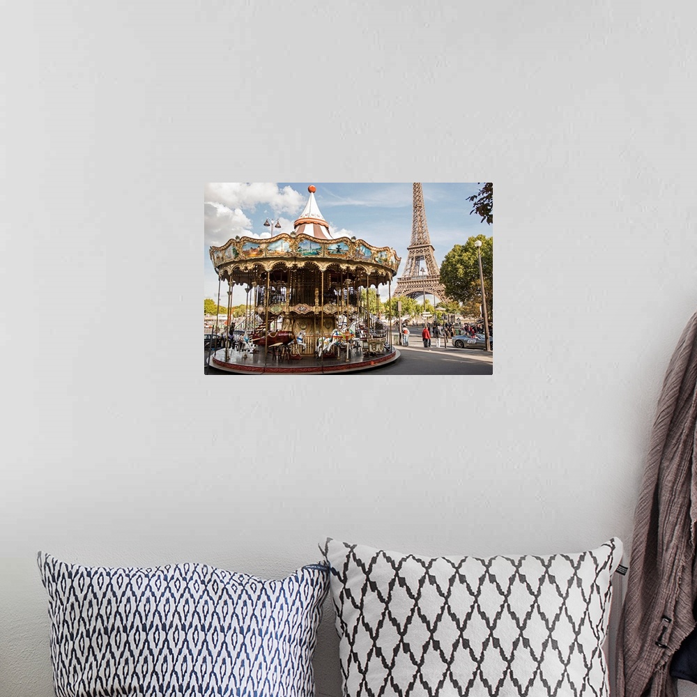 A bohemian room featuring Photograph of the Eiffel Tower Carousel with the Eiffel Tower in the background.