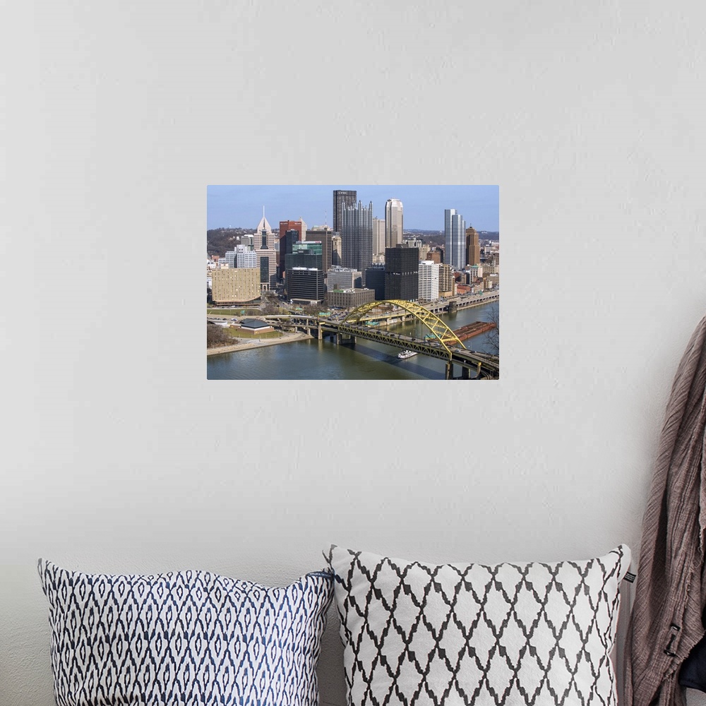 A bohemian room featuring Aerial view of Pittsburgh, Pennsylvania, with the Fort Pitt Bridge leading into the city.