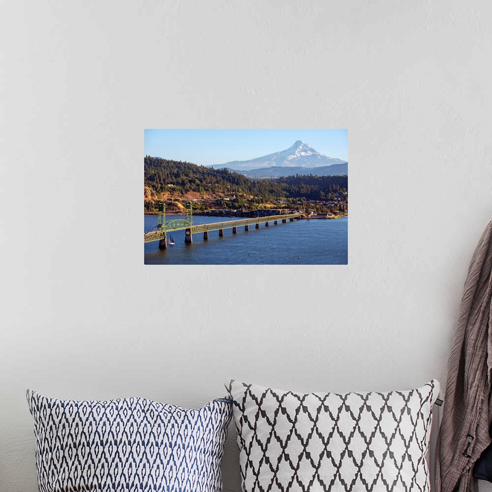 A bohemian room featuring View of Hood River Bridge with Mount Hood Peak in the background, Portland Oregon.