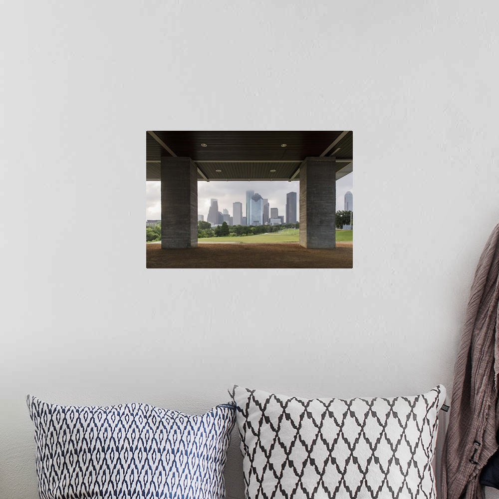 A bohemian room featuring Photograph of the Houston Skyline surrounded by clouds viewed from Eleanor Tinsley Park.