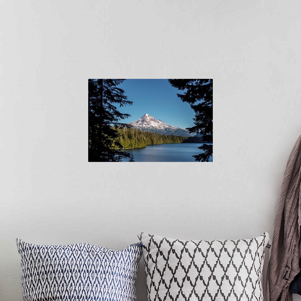 A bohemian room featuring Peeking view of Mount Hood's Peak near Lost Lake in Portland, Oregon.