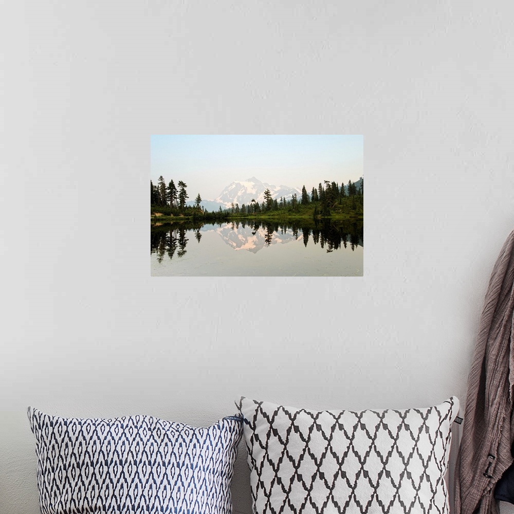 A bohemian room featuring Photograph of Mt. Shuksan reflecting into Picture Lake around on a clear day.