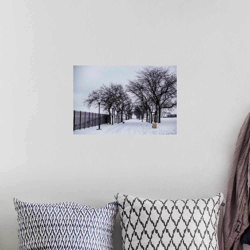 A bohemian room featuring Photo of a snowy day in Chicago.