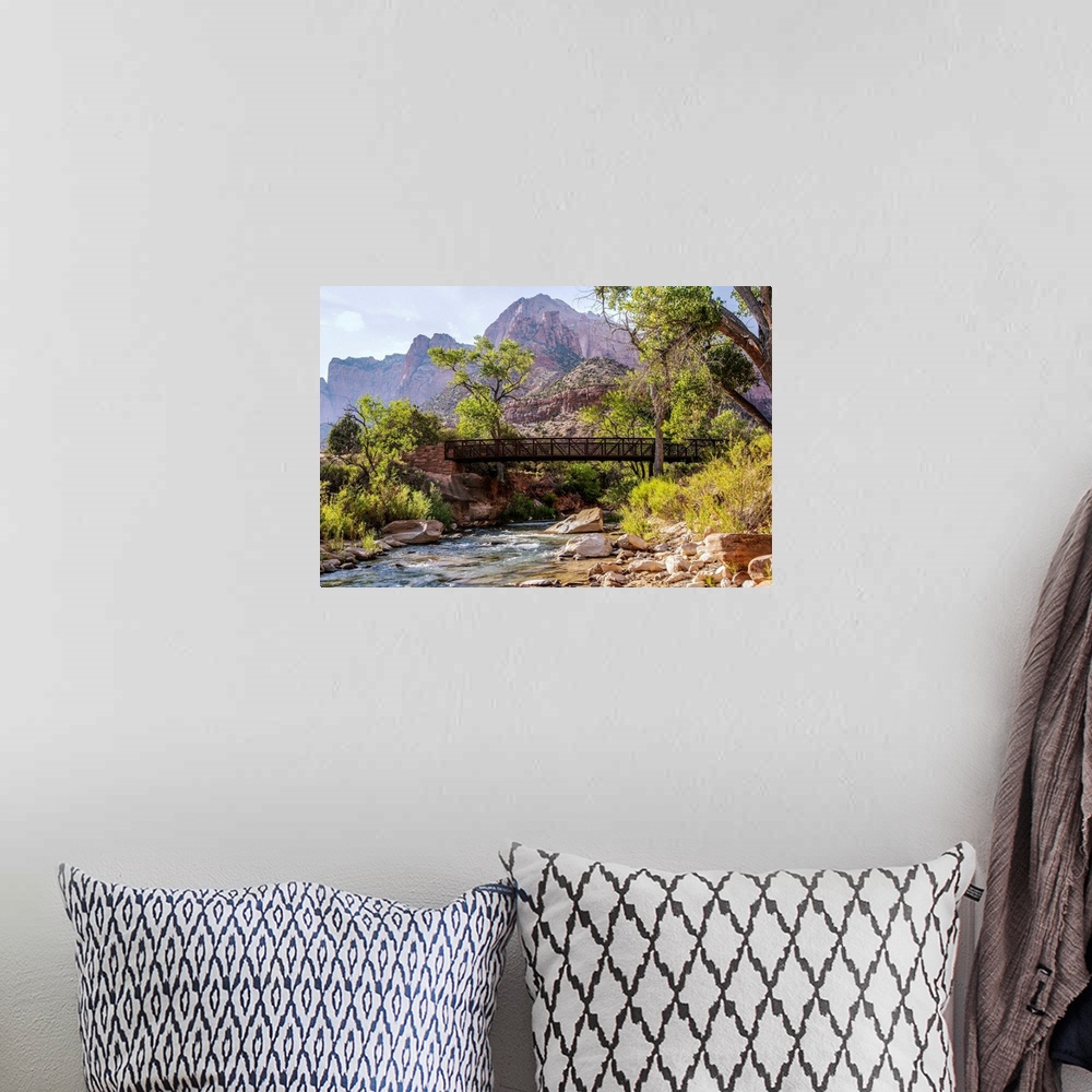A bohemian room featuring View of a Pa'rus trail bridge over Virgin River in Zion National Park, Utah.