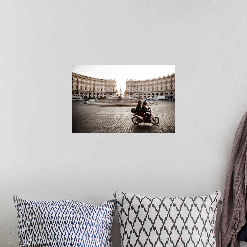 A bohemian room featuring Photograph of the Piazza della Repubblica with the Fountain Of The Naiads and a couple on a motor...