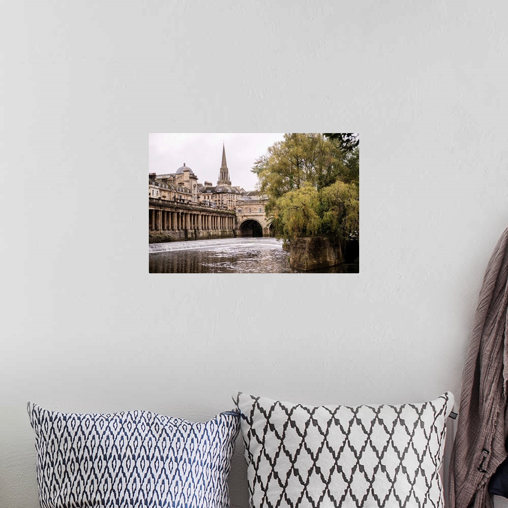 A bohemian room featuring Beautiful photograph of Bath's Pulteney Bridge and weir on an overcast day in England.