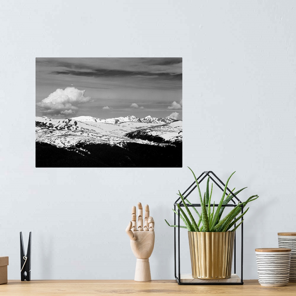 A bohemian room featuring Rocky Mountain National Park. Never Summer Range, panorama at timberline, dark foreground, light ...