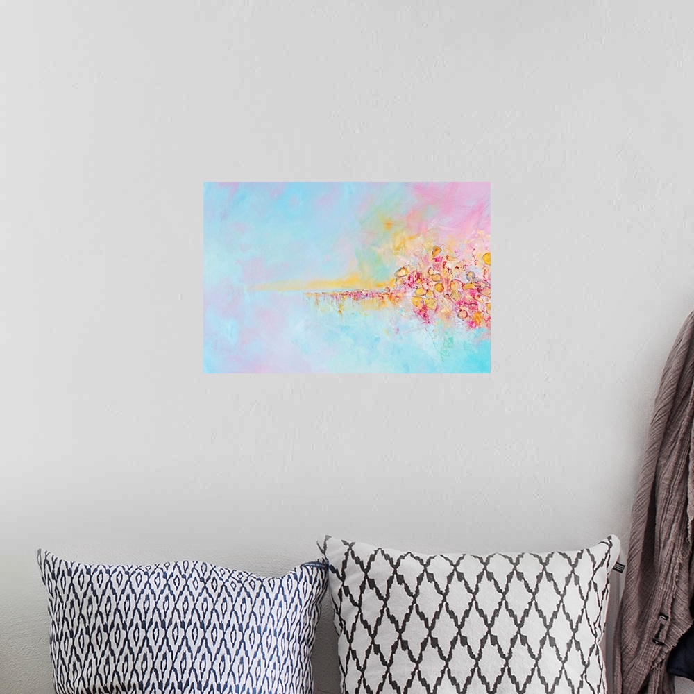 A bohemian room featuring Contemporary mixed media abstract painting in pastel shades of pink, yellow, and turquoise, embel...