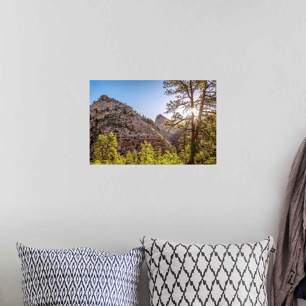 A bohemian room featuring View of mountainside and sun peeking through tree at Zion National Park in Utah.
