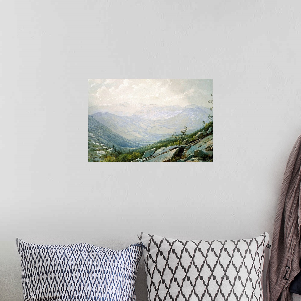 A bohemian room featuring Painting of sunlight warming the rocky wilderness of a mountain valley in New Hampshire.