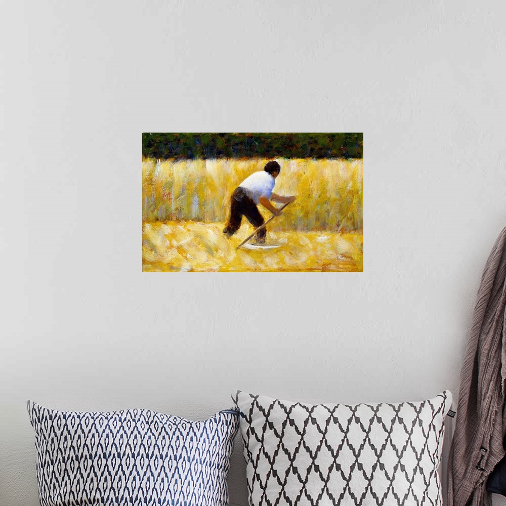 A bohemian room featuring A man with a scythe harvests a field of golden wheat.