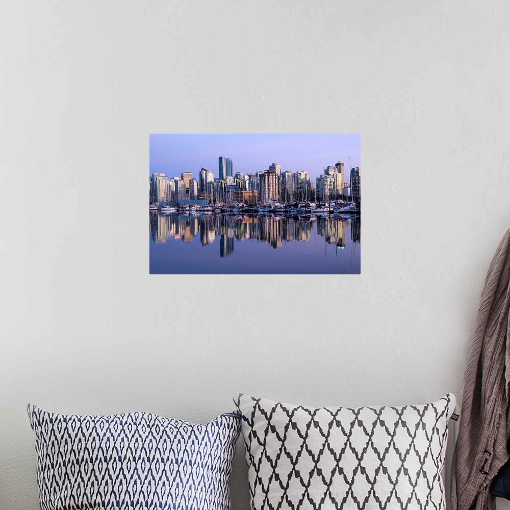A bohemian room featuring Photograph of a purple sunset over the Vancouver skyline and harbor reflecting onto the False Cre...