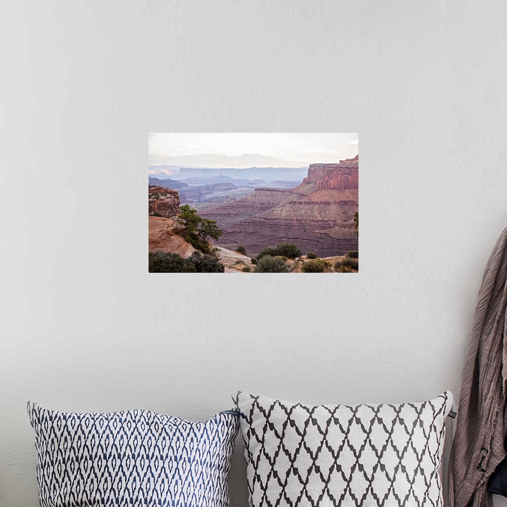 A bohemian room featuring View of the red sandstone cliffs, with visible sediment lines in the eroded rock, Canyonlands Nat...