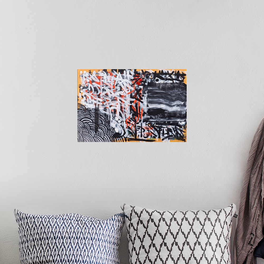 A bohemian room featuring Urban abstract painting in orange, white, and black.