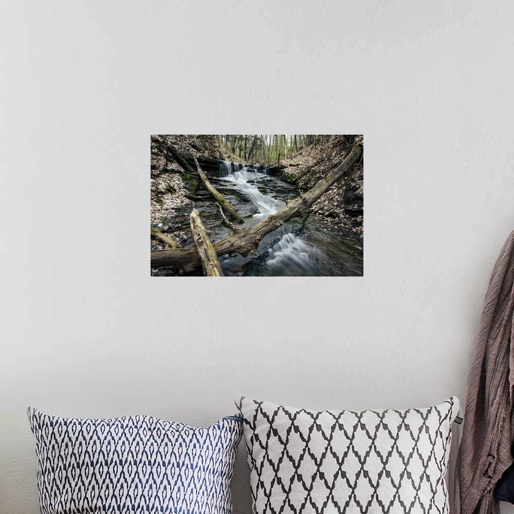 A bohemian room featuring Landscape photograph of Wolf Creek rushing down rocks in Letchworth State Park, NY.