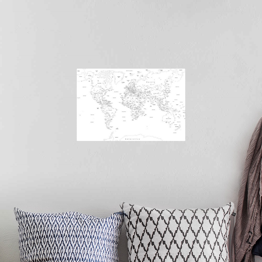 A bohemian room featuring Black and white outlined map of the World with a modern font.