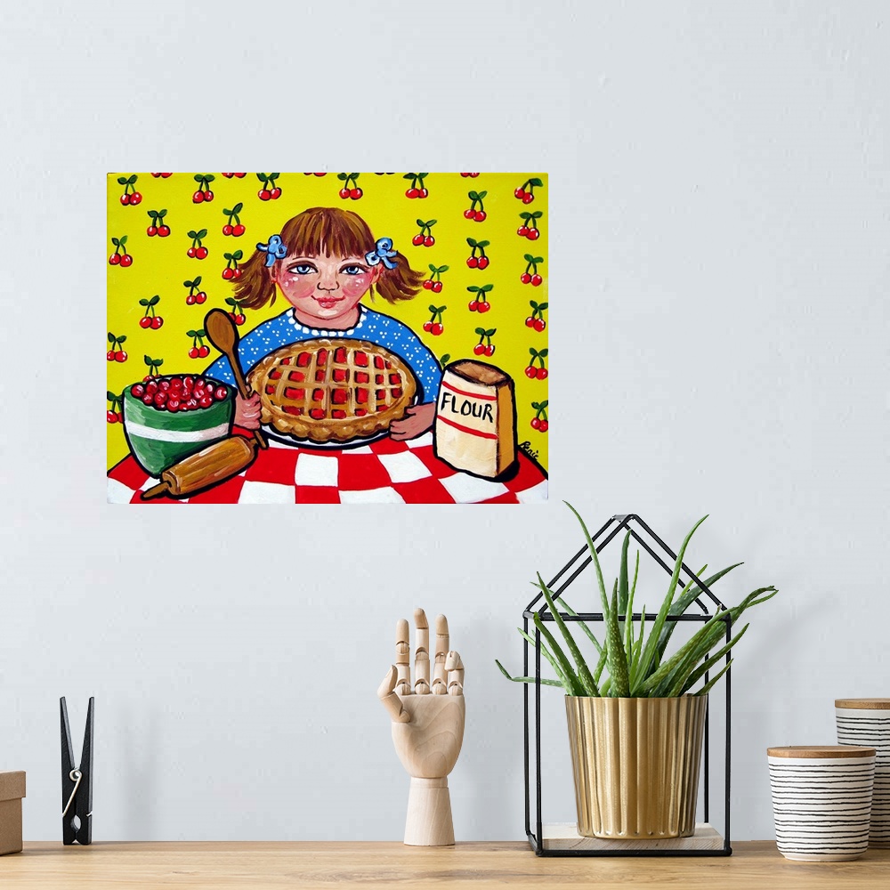 A bohemian room featuring Little girl proudly showing the pie she just baked.