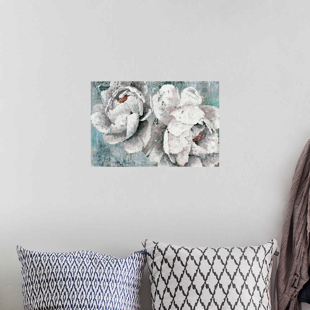 A bohemian room featuring A contemporary still life painting of a white bloomed flowers with a teal background with black s...