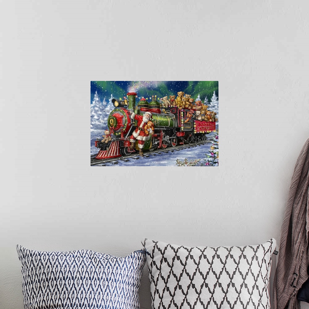 A bohemian room featuring Decorative image of a green and red Santa Express train full of Teddy Bears with Santa riding in ...