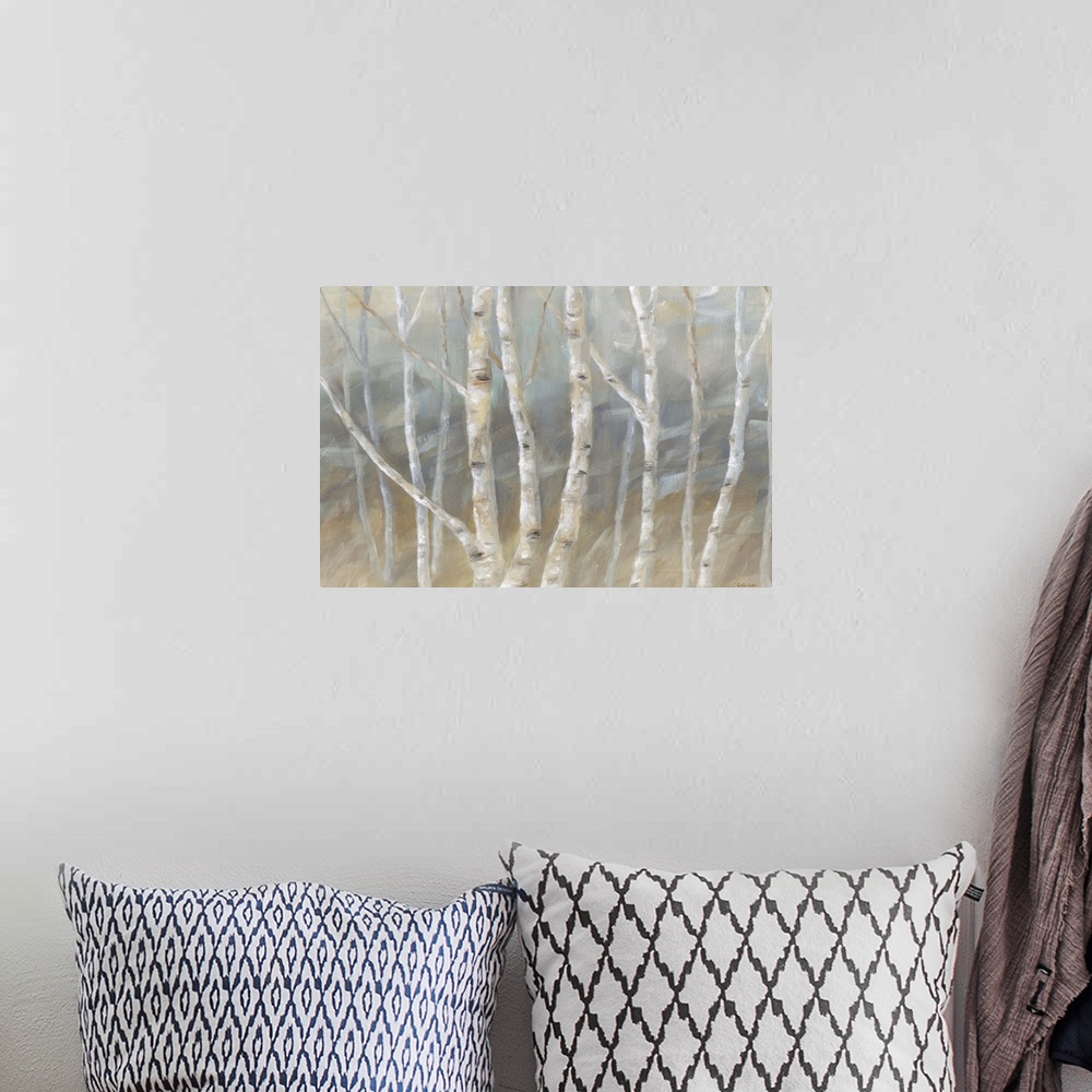 A bohemian room featuring Contemporary painting of a forest of birch trees with a gray and brown backdrop.