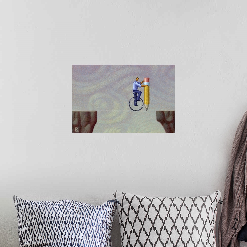 A bohemian room featuring Conceptual painting of a man crossing a void through the power of his ingenuity.