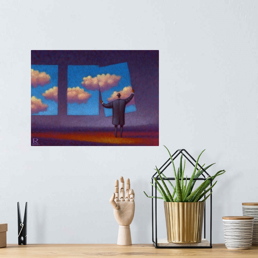 A bohemian room featuring The Sky Collector continues his quest to collect blue skies for a rainy day.