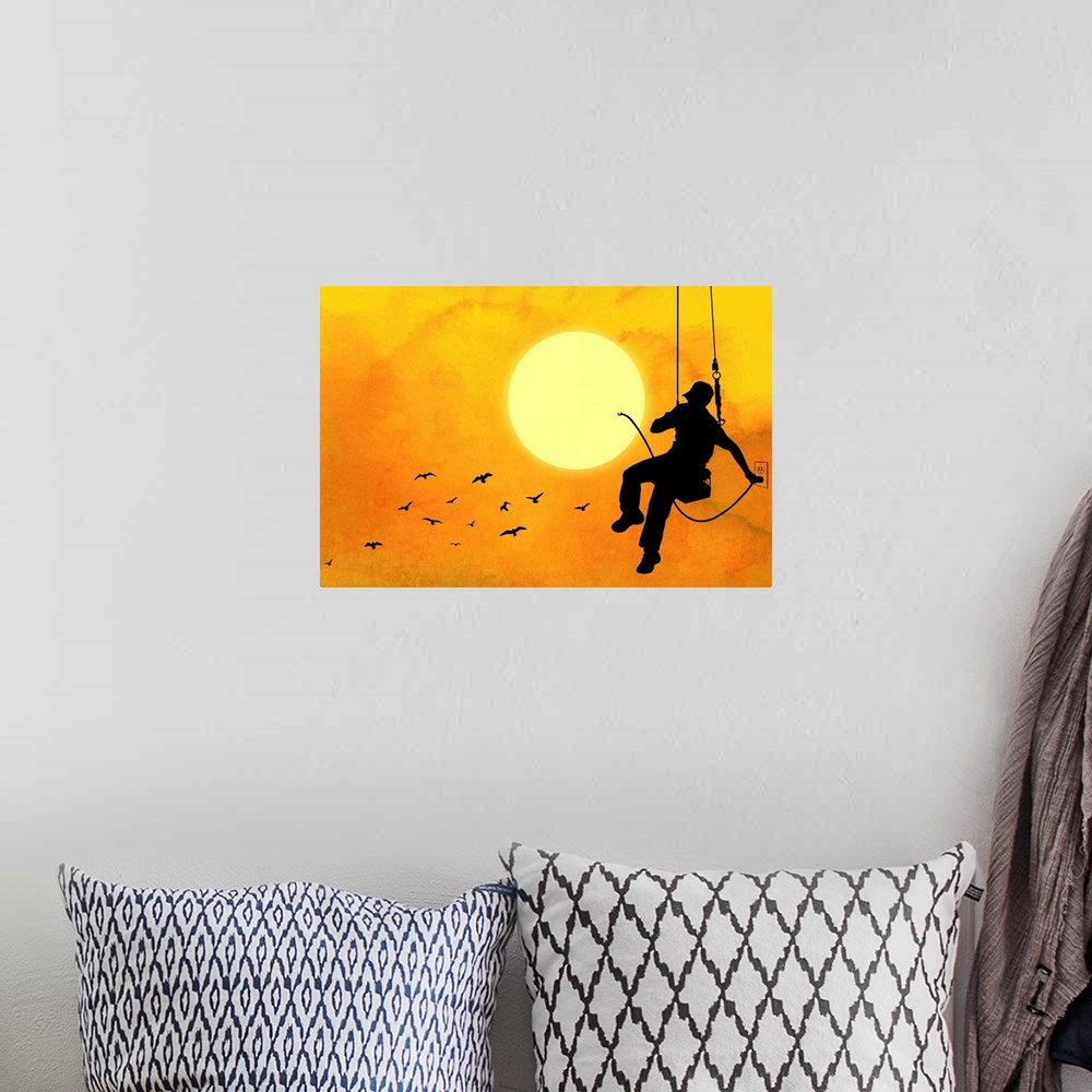 A bohemian room featuring This conceptual, horizontal contemporary artwork shows a silhouetted workman hanging on a swing p...