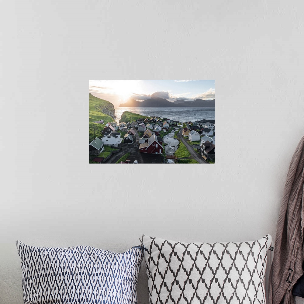 A bohemian room featuring Aerial view of the coastal village of Gjogv and Kalsoy island at dawn, Eysturoy Island, Faroe Isl...