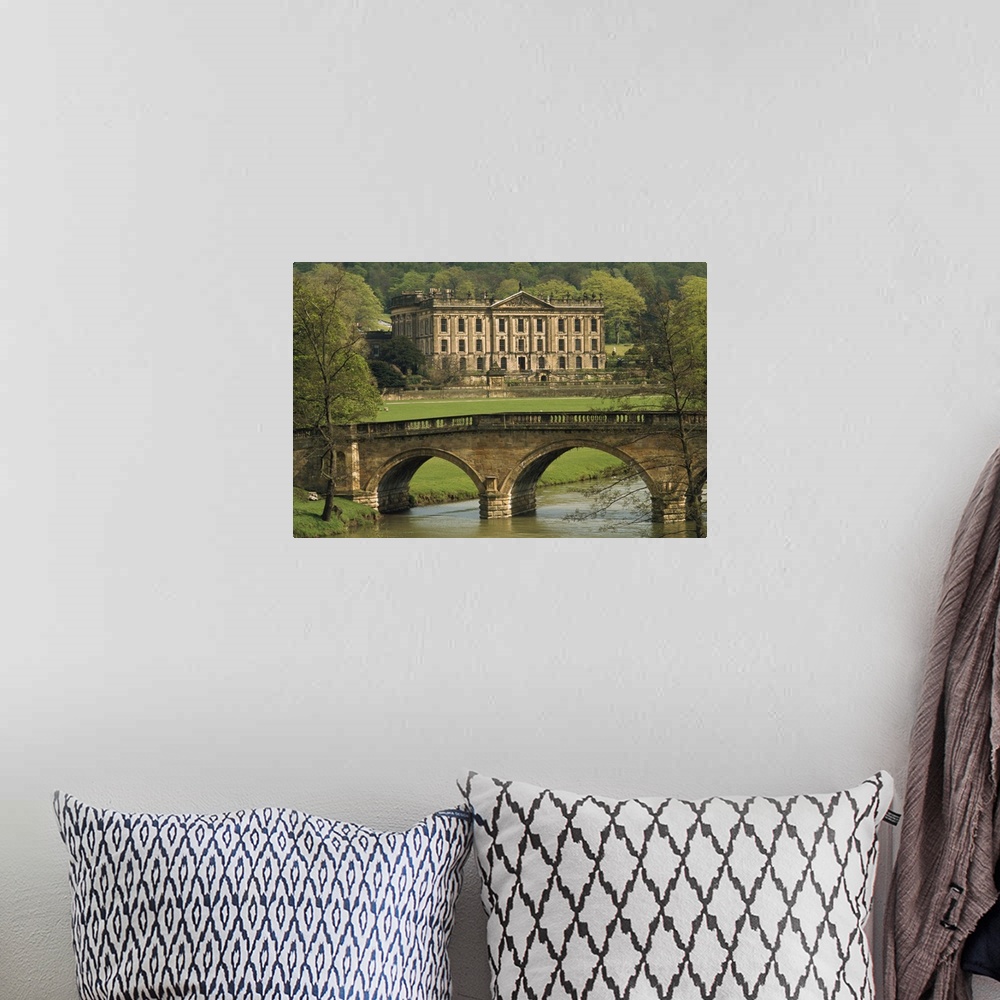 A bohemian room featuring Bridge over the river and Chatsworth House, Derbyshire, England, UK