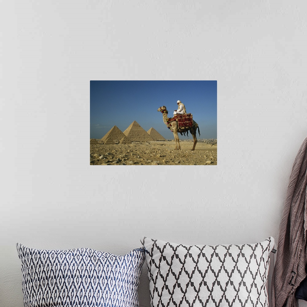 A bohemian room featuring Camel and rider near the Pyramids, UNESCO World Heritage Site, Giza, Cairo, Egypt