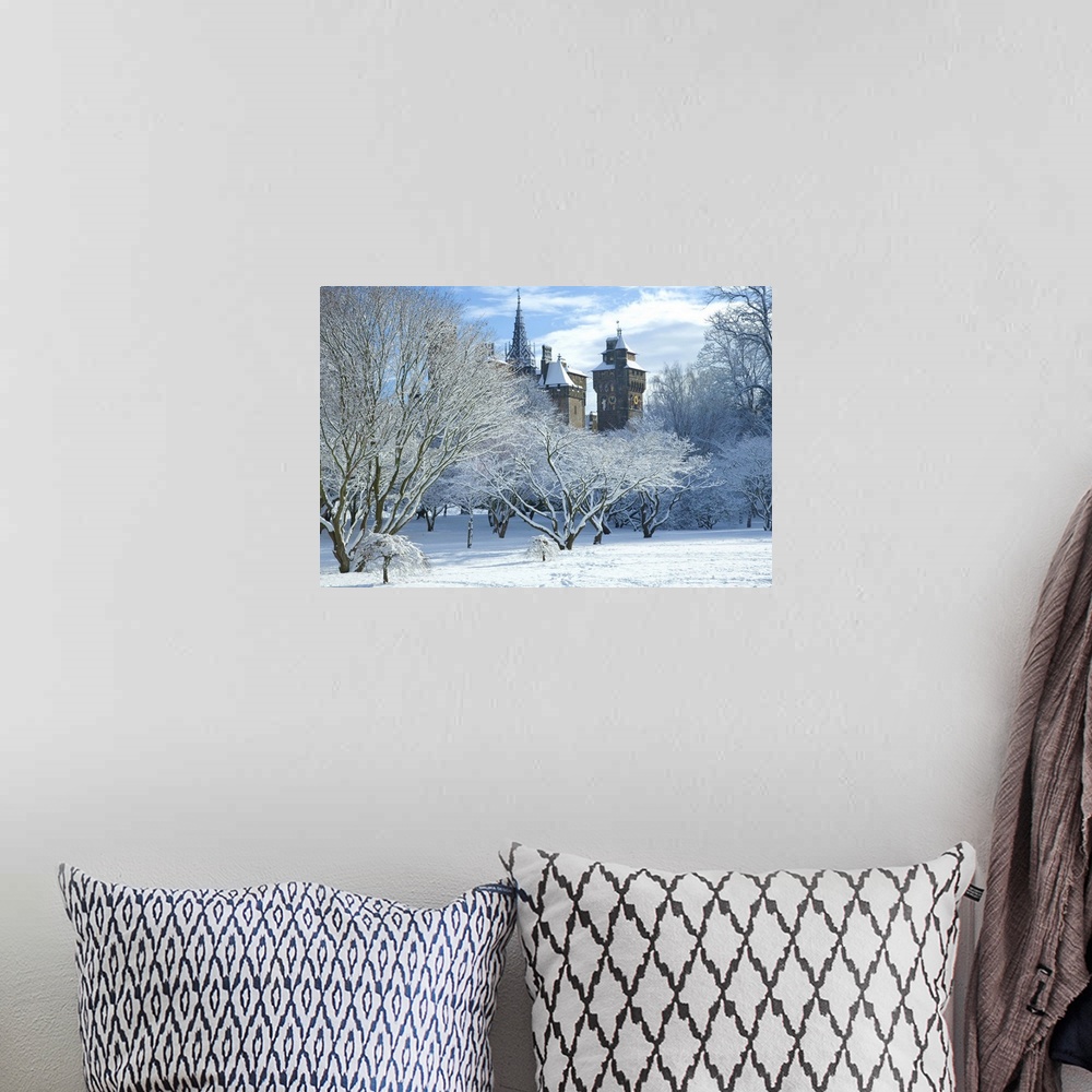 A bohemian room featuring Cardiff Castle in snow, Bute Park, South Wales, Wales, UK