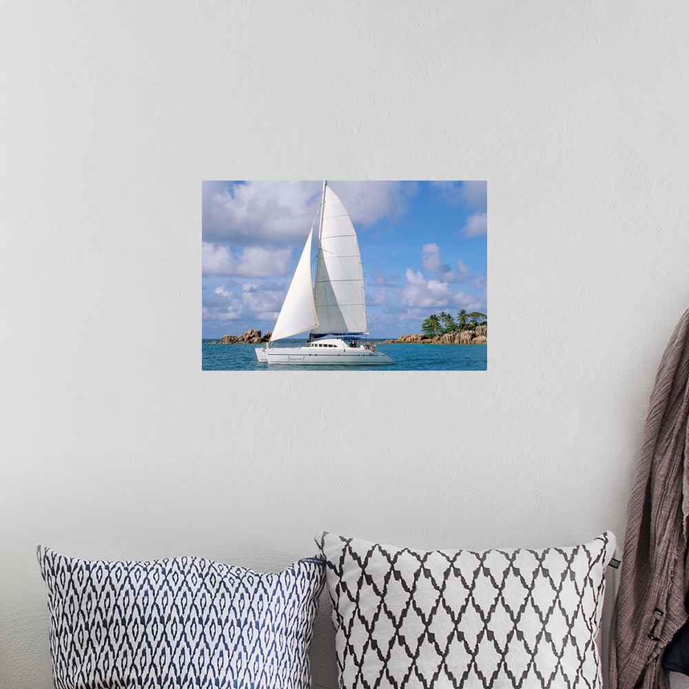 A bohemian room featuring Catamaran, island of Praslin, Seychelles, Indian Ocean, Africa