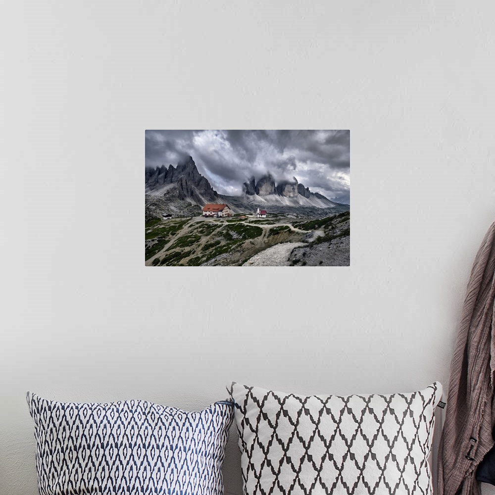 A bohemian room featuring Cloudy day on Locatelli hut and Three Peaks in the Dolomites, Trentino-Alto Adige, Italy, Europe
