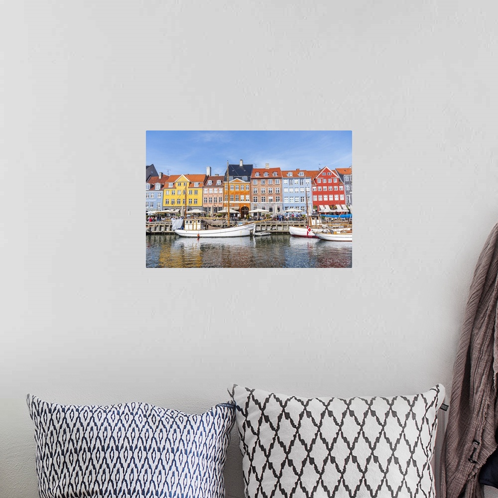 A bohemian room featuring Colorful houses and moored boats in Nyhavn harbour, daytime, Copenhagen, Denmark, Scandinavia, Eu...