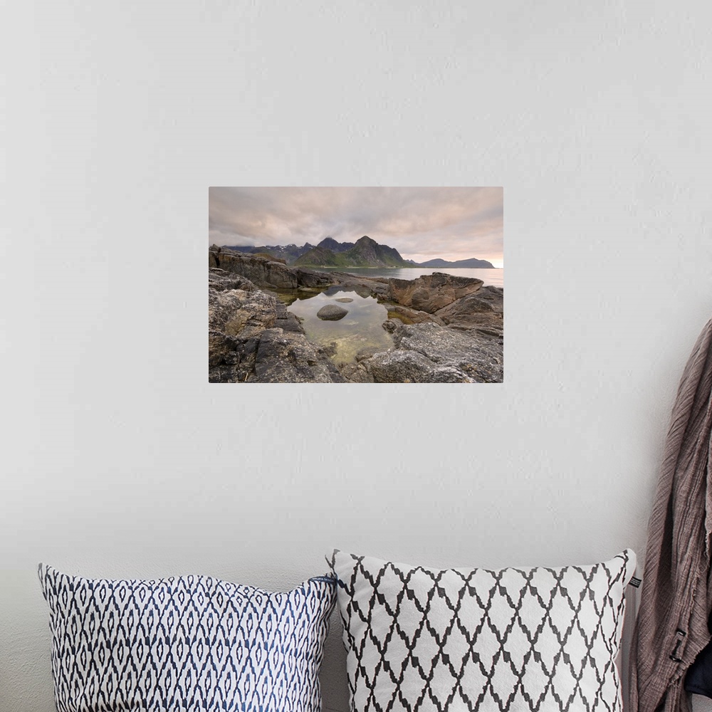 A bohemian room featuring Dusk over Flakstad, Flakstadoya, Lofoten Islands, Norway, Scandinavia
